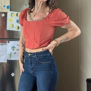 Kirious  Red Puff Sleeve Crop Top Size Medium Corset Velvety In Burnt Orange 🧡